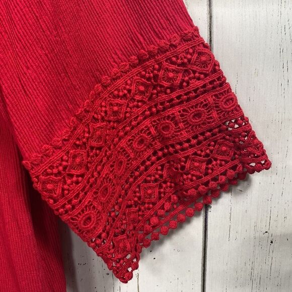 Peter Nygard Red Crochet Embroidered Slit Flared Sleeve Round Neck Blouse - Picture 8 of 16